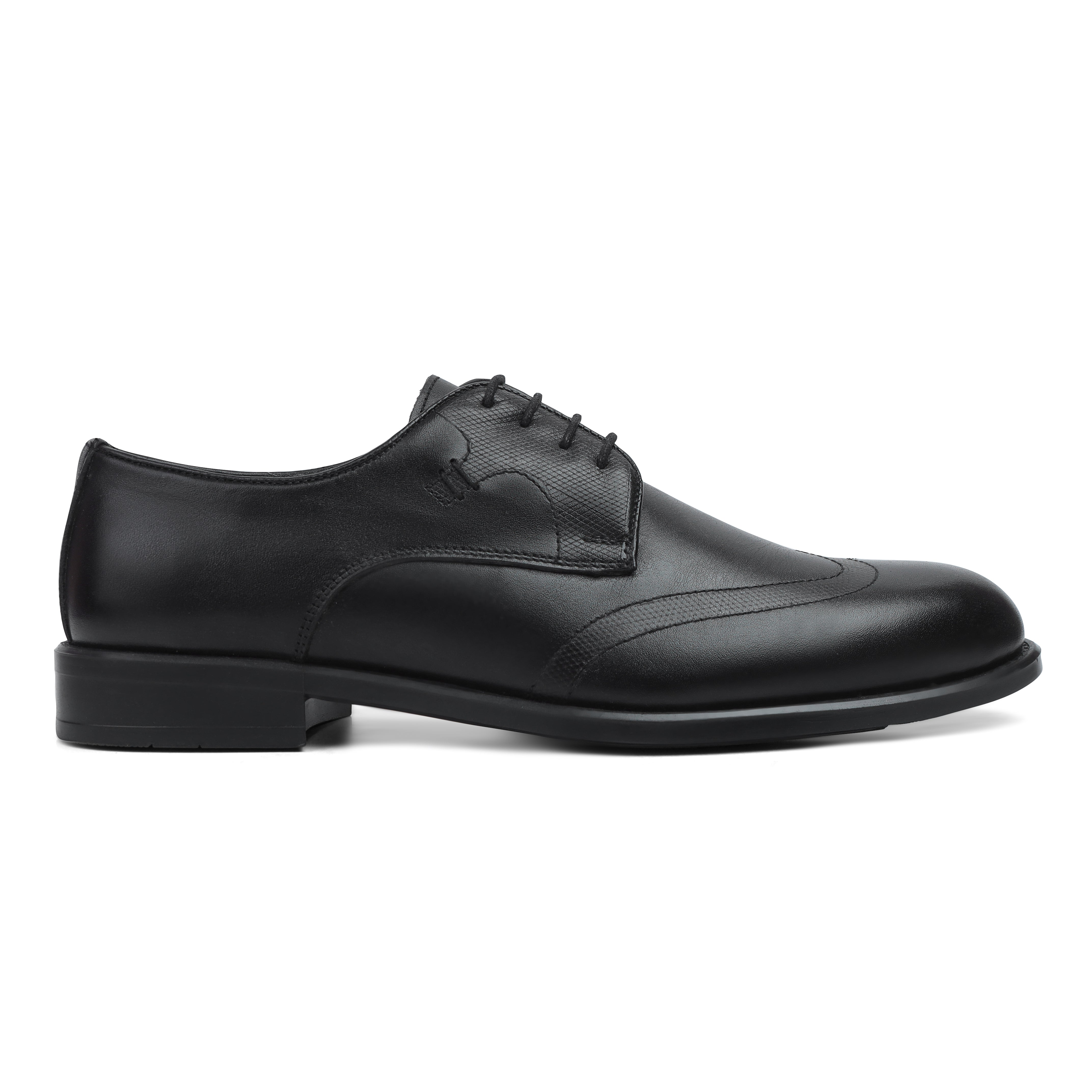 Image of Black leather dress shoe on a white background