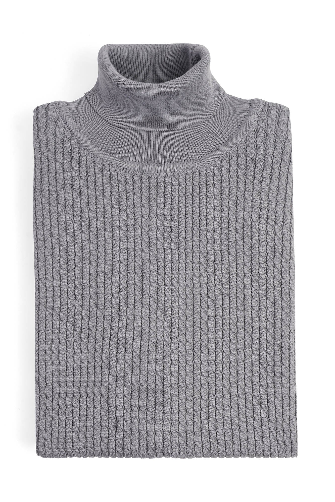 Image of Folded gray turtleneck sweater on a white background