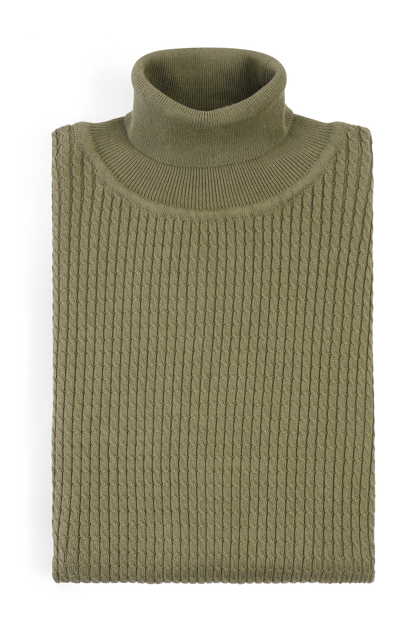 Image of Folded green turtleneck sweater on a white background
