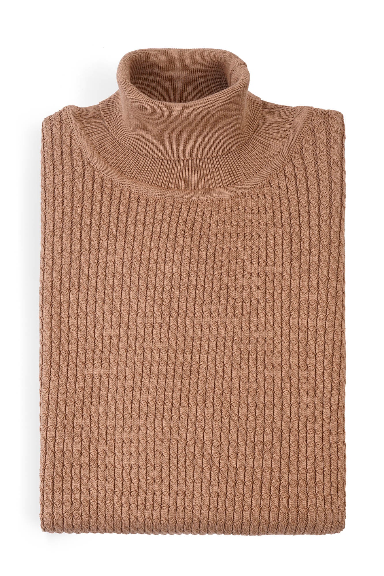 Image of Folded brown turtleneck sweater on a white background