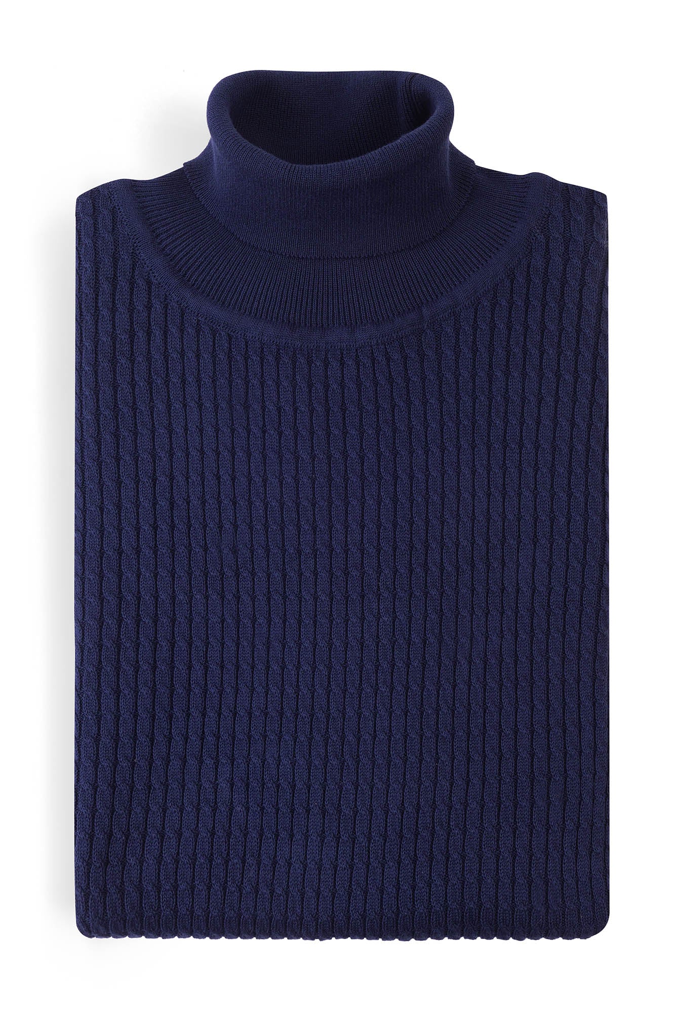 Image of Folded navy blue turtleneck sweater on a white background