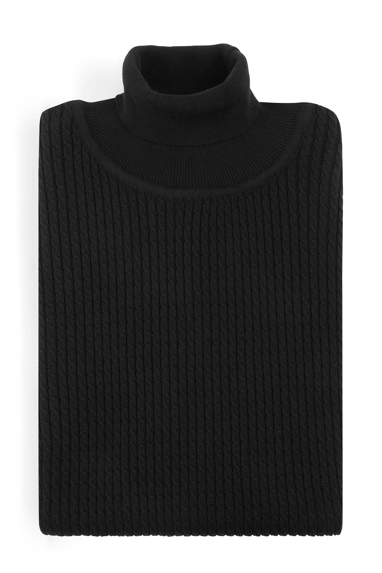 Image of Folded black turtleneck sweater on a white background