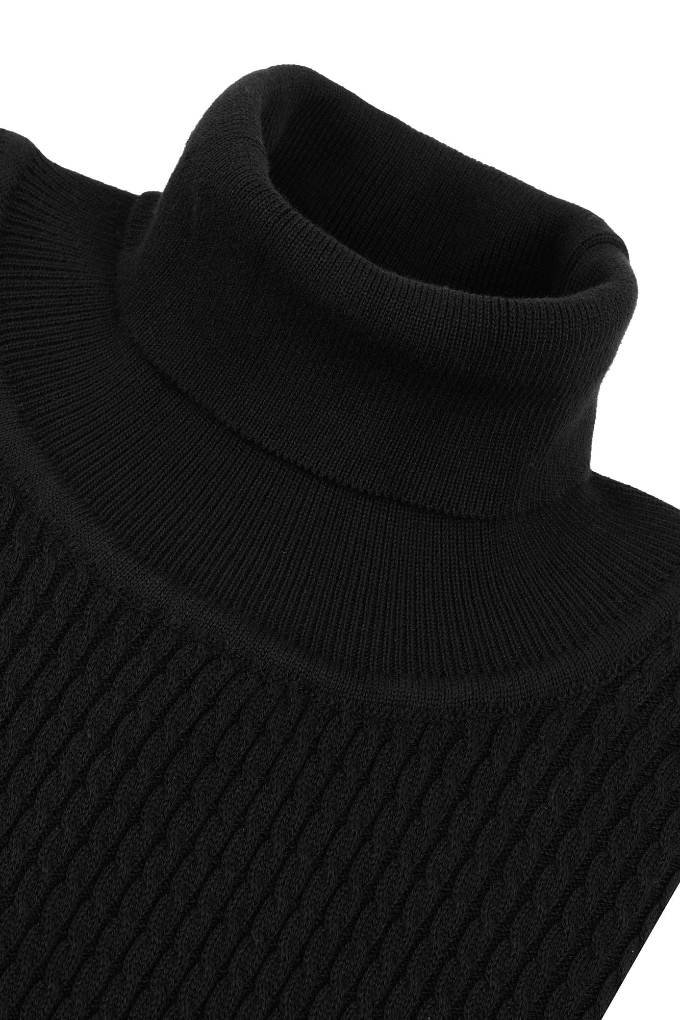 Image of Close-up of a black turtleneck sweater on a white background