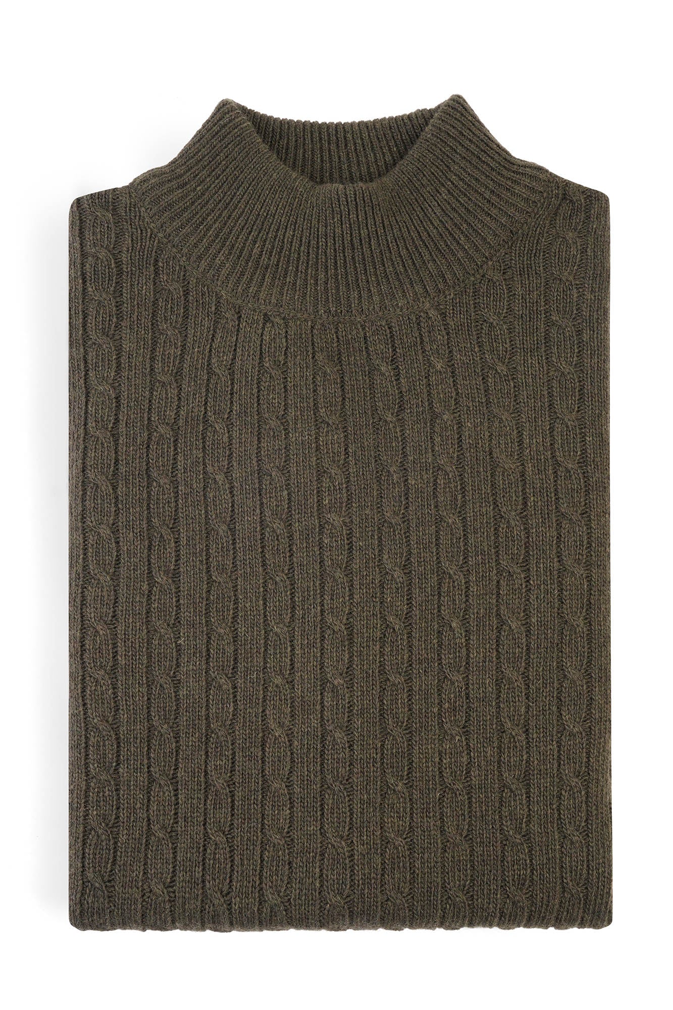 Image of Brown cable knit turtleneck sweater on a white background