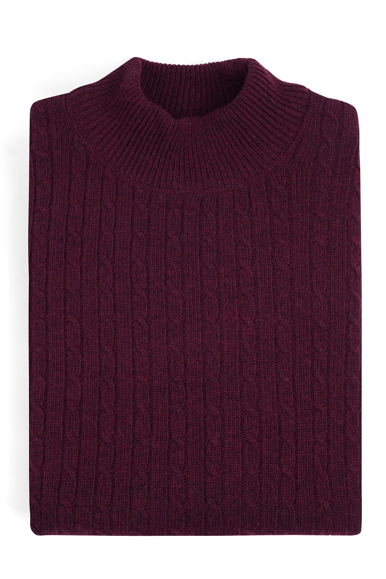 Image of Folded maroon cable knit sweater on a white background