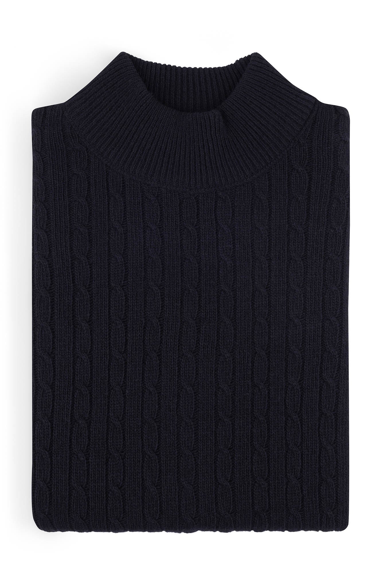 Image of Folded black cable knit sweater on a white background