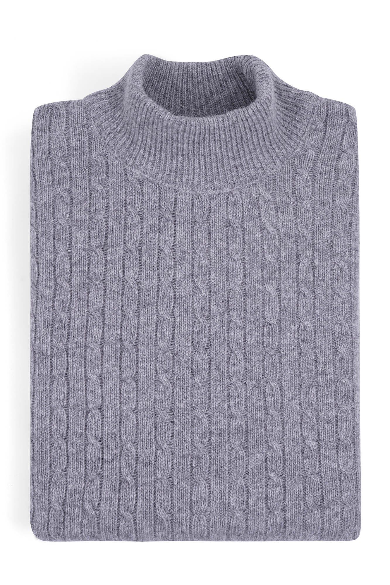Image of Folded gray cable knit sweater on a white background